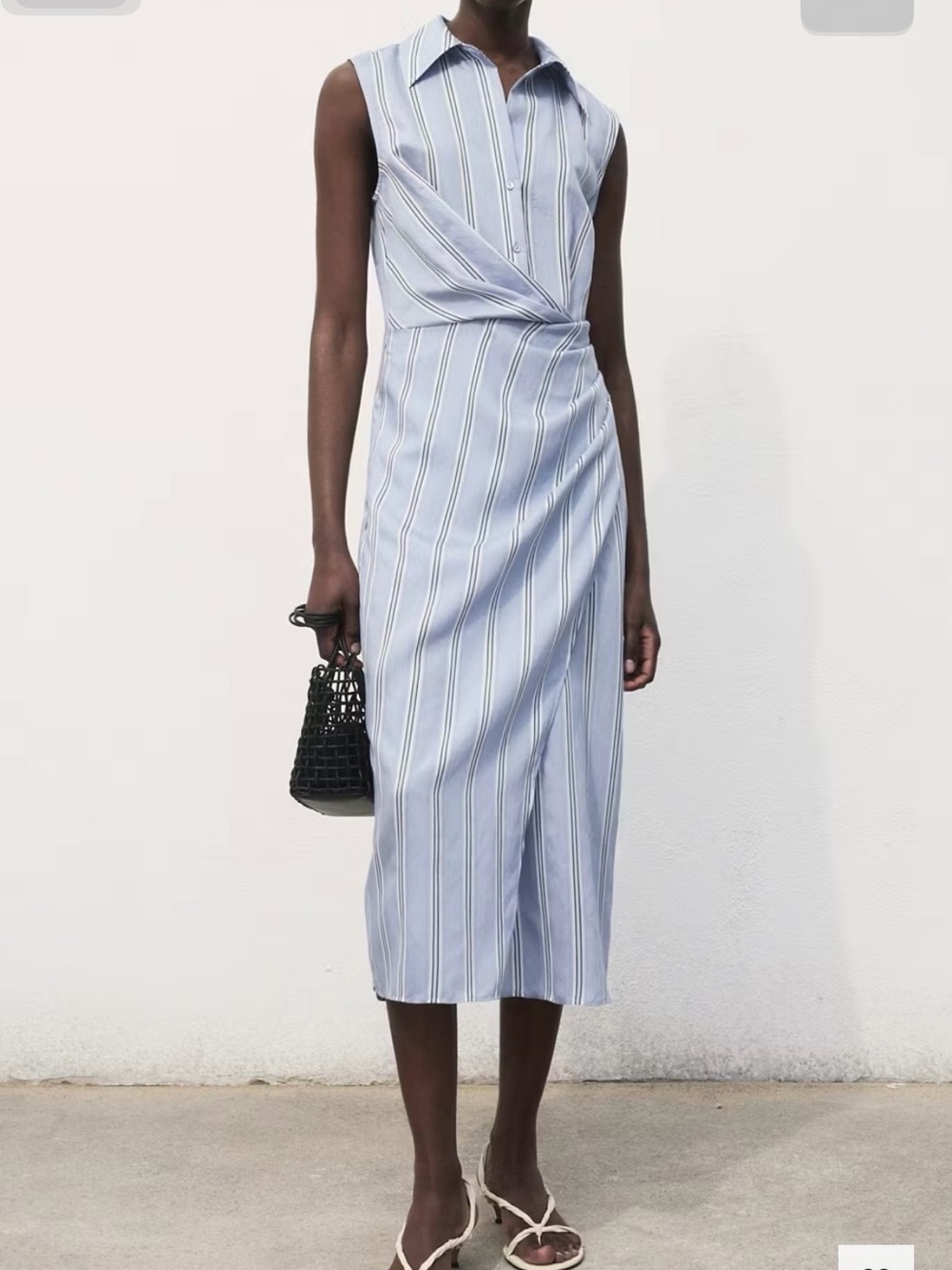 Mango Blue and White Striped Sleeveless Wrap-Detail Midi Dress
